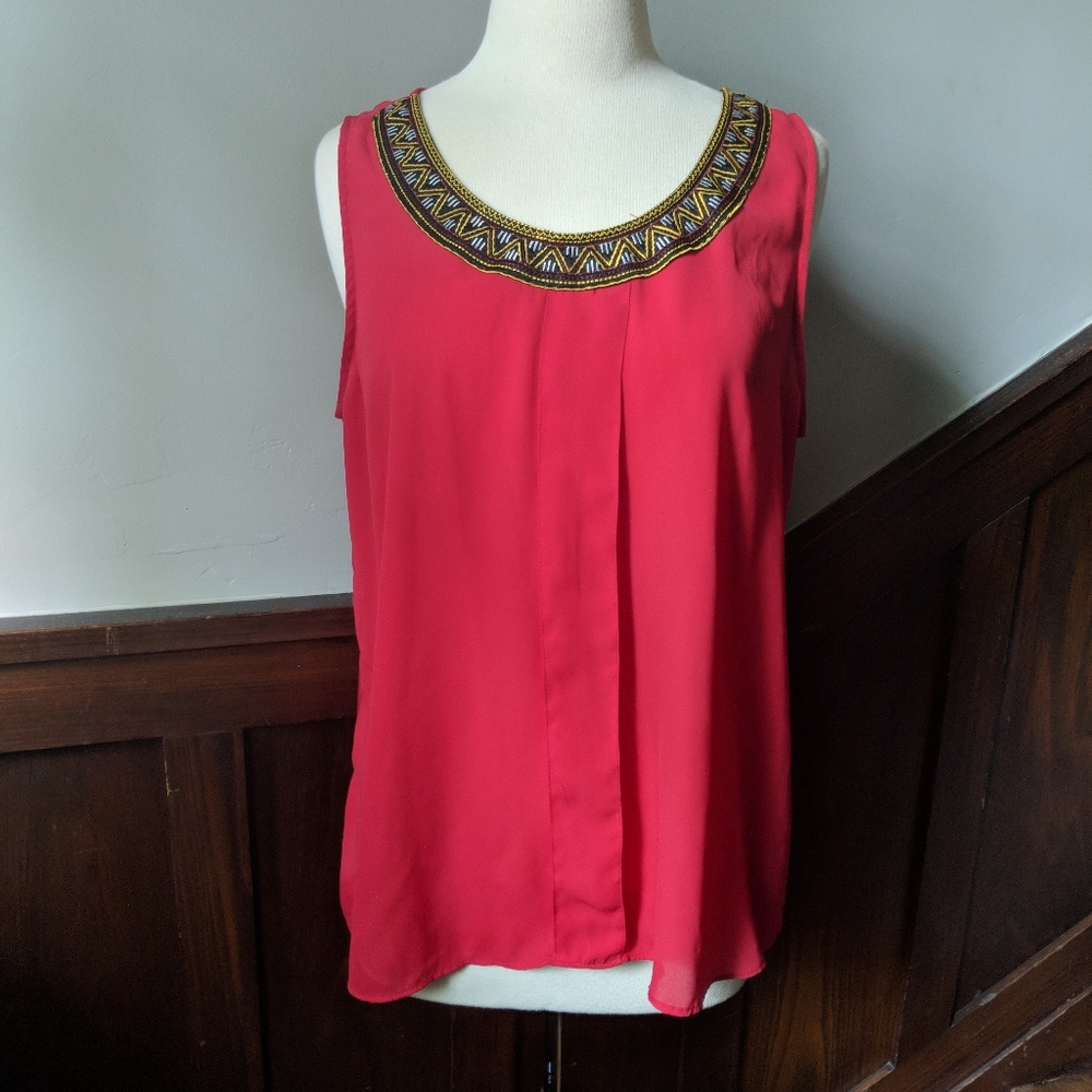 Womens sleveless red and embroidered top